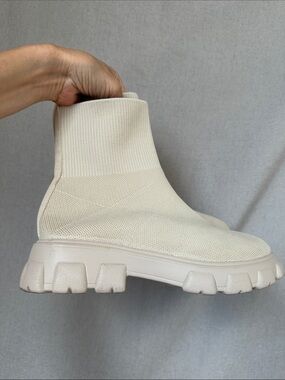 Cream White Canvas Stretchy chunky booties near 2” heel Trendy Stylish boots